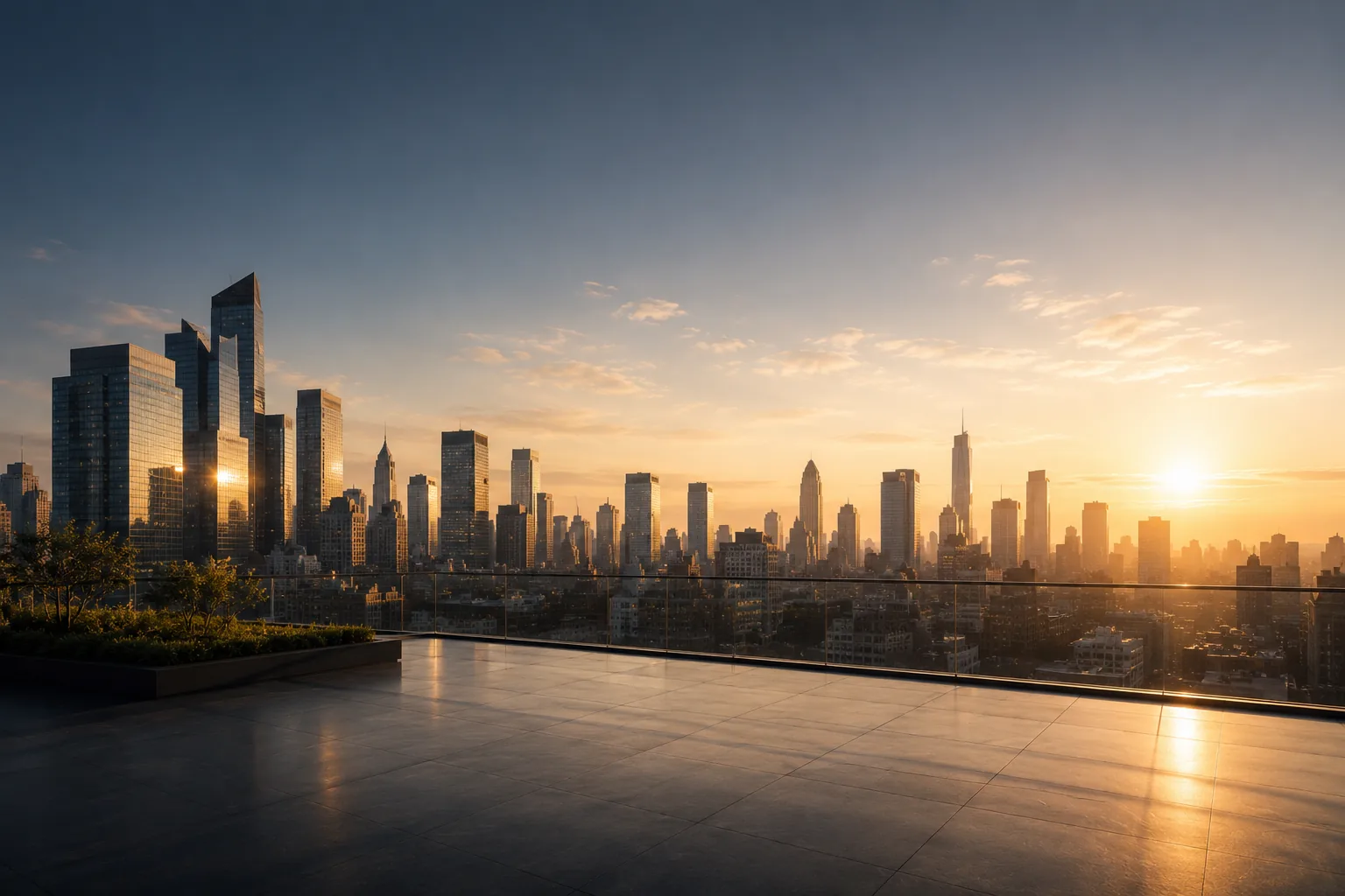 City skyline at sunset viewed from a rooftop terrace
